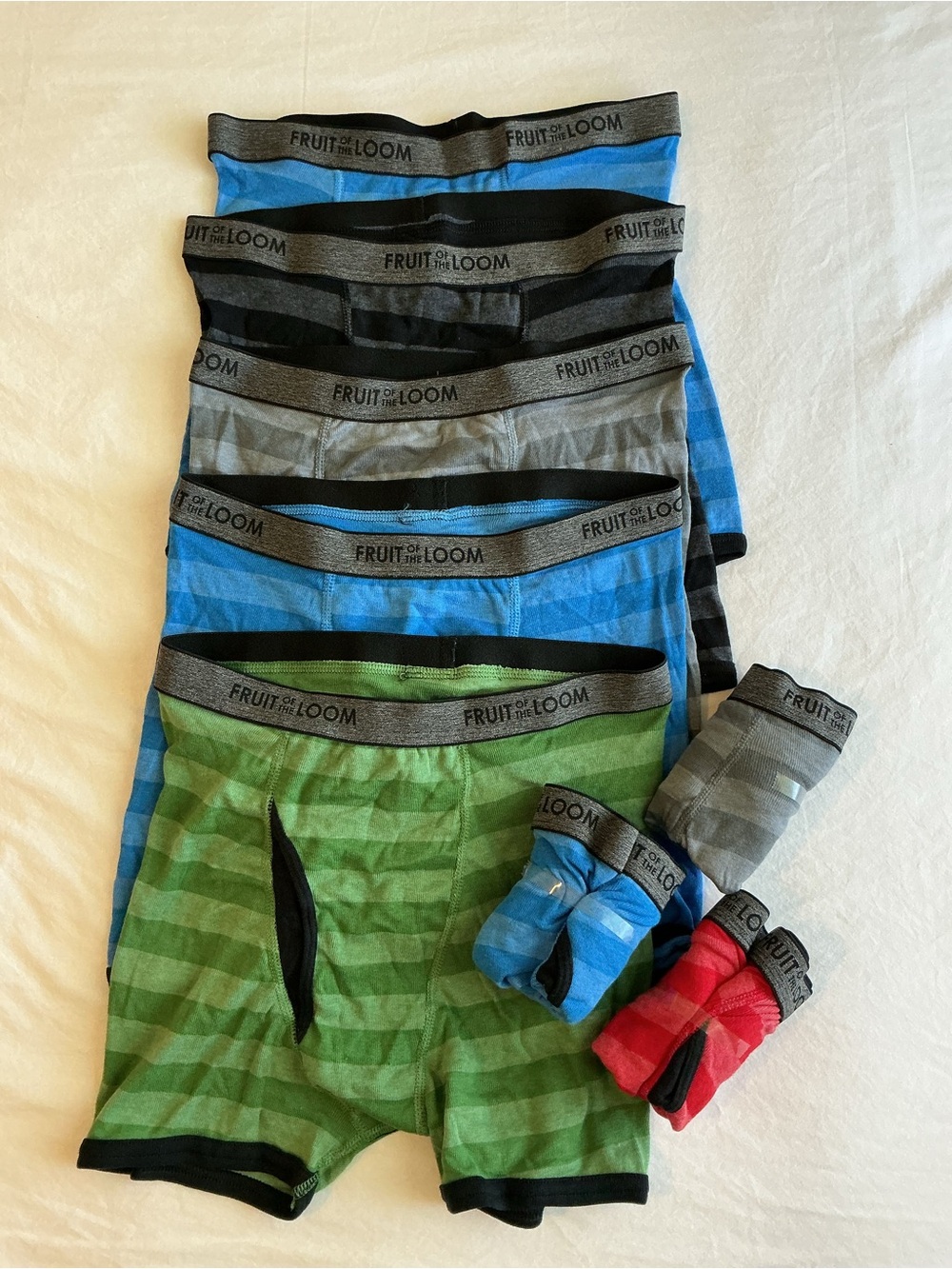 Fruit of the Loom Kids Striped Boxer Briefs - Blue, Gray, Green, Red